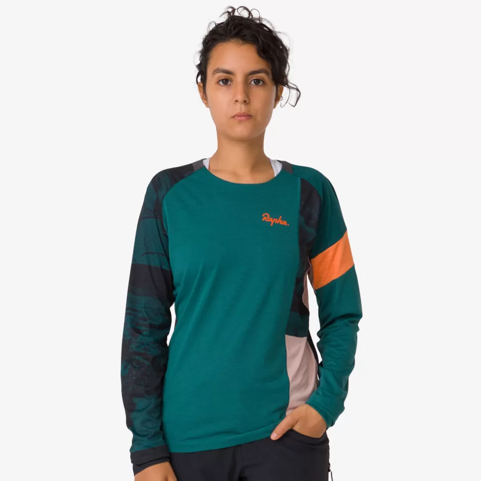 Rapha Jerseys, Jackets & Tops>Women'S Printed Trail Long Sleeve Technical T-Shirt Blue Green/Scarlet Ibis